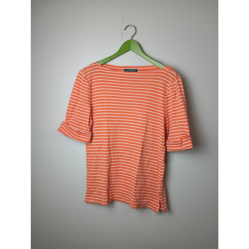 Lauren Ralph Lauren Women's Orange Striped 100% Cotton Blouse Top Large Career